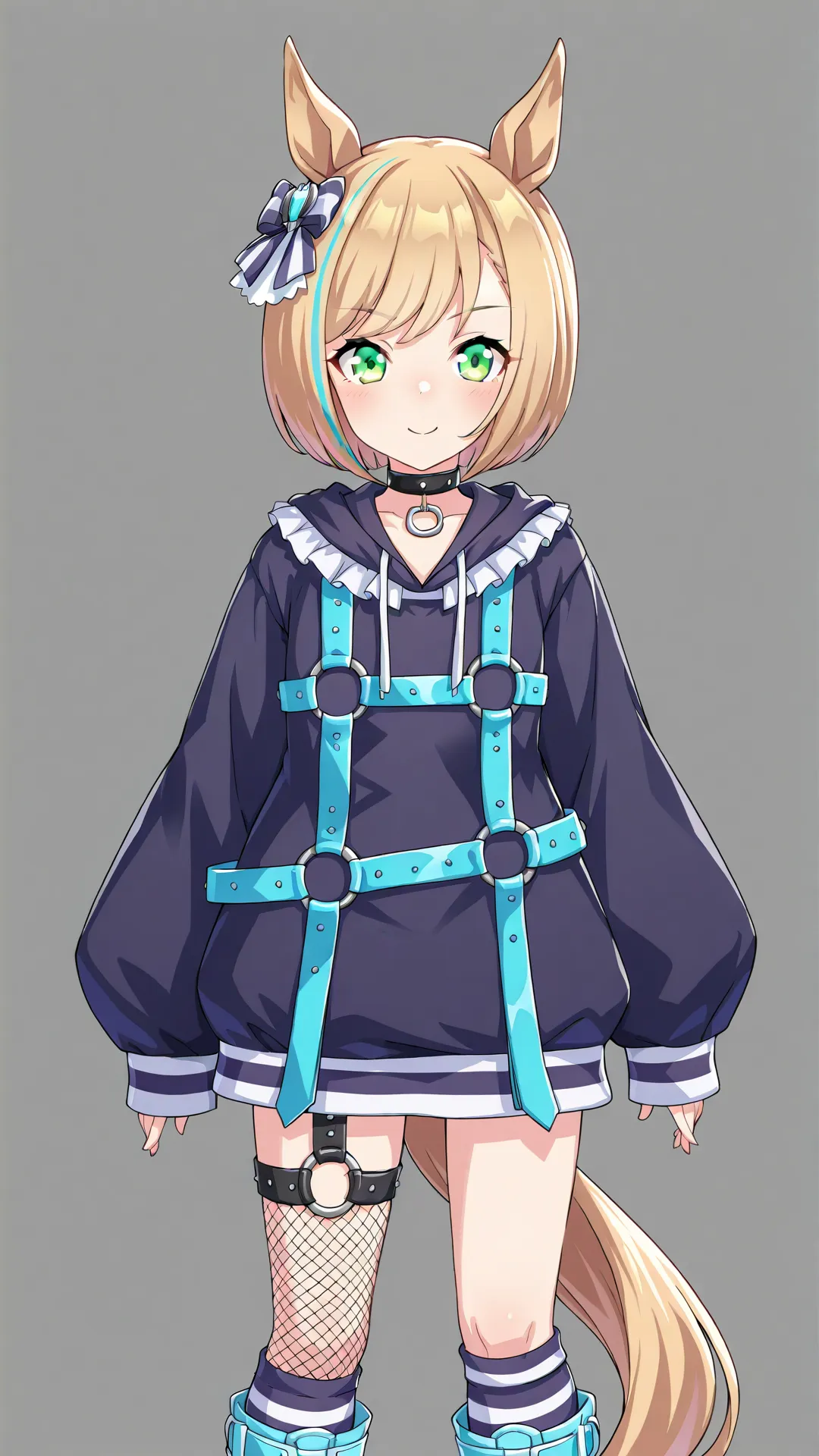 little cocon \(umamusume\),bangs,green hair,horse ears,streaked hair,hair between eyes,hair ornament,horse tail,blonde hair,green eyes,swept bangs,two-tone hair,horse girl,short hair,animal ears,multicolored hair,blue ribbon,blue hair,
hair bow,striped bow,hood down,black hoodie,black choker,black collar,frilled sailor collar,drawstring,puffy long sleeves,sleeves past wrists,blue dress,chest harness,o-ring,light blue belt,short dress,frills,kneehighs,knee boots,striped socks,blue footwear,fishnets,asymmetrical legwear,mismatched legwear,<lora:little_cocon:0.8>,(cowboy shot:1.4),simple background,