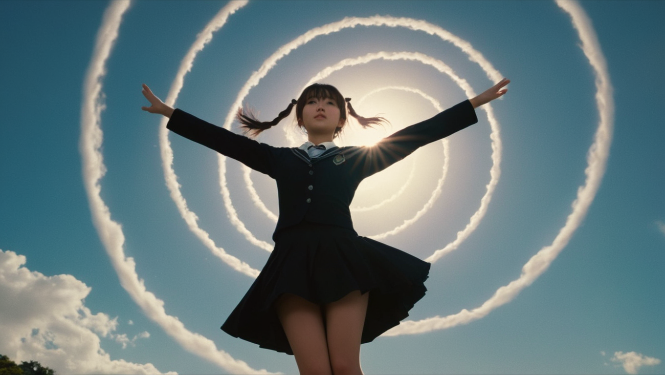 cinematic film still of  <lora:Chiaroscuro Lighting Style:0.5>Chiaroscuro Lighting Style
 <lora:Kodak Motion Picture Film Style v4:0.4>Kodak Motion Picture Film Style
 <lora:Bible Black style:0.2> (((realistic)))
from below, a spinning object in the air with a spiral pentagram flowing, background,1girl,solo,skirt,long sleeves,school uniform,sky,serafuku,outstretched arms,spread arms,magic,magic circle eroge,anime,manga,nsfw,cartoon,Adult animation,explicit,Original video animation, Baiburu Burakku style, Bible Black style, black magic, rituals, demons, dark fantasy, shallow depth of field, vignette, highly detailed, high budget, bokeh, cinemascope, moody, epic, gorgeous, film grain, grainy