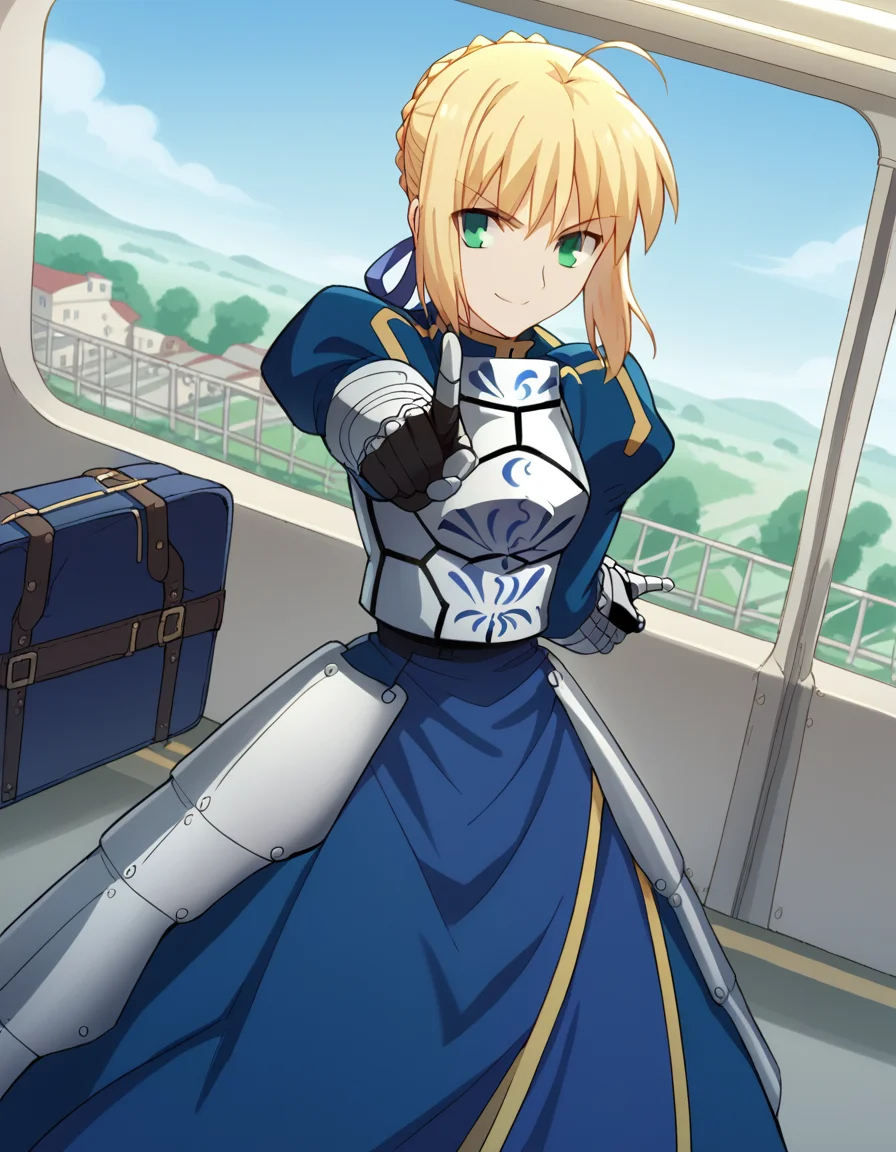 score_9, score_8_up, score_7_up, source_anime, <lora:artoria-pendragon-zero-ponyxl-lora-nochekaiser:1>, artoria pendragon, artoria pendragon (fate), saber, long hair, blonde hair, green eyes, ponytail, ahoge, medium breasts,, dress, ribbon, armor, gauntlets, armored dress, blue dress, train station, waiting for train, suitcase, traveling, commute, city skyline, hands behind back, smile, <lora:koi-dance-ponyxl-lora-nochekaiser:1>, koi dance, index finger raised, dancing, outstretched arm, pointing at viewer, pointing, pointing up,, looking at viewer, solo,, dutch angle, cowboy shot