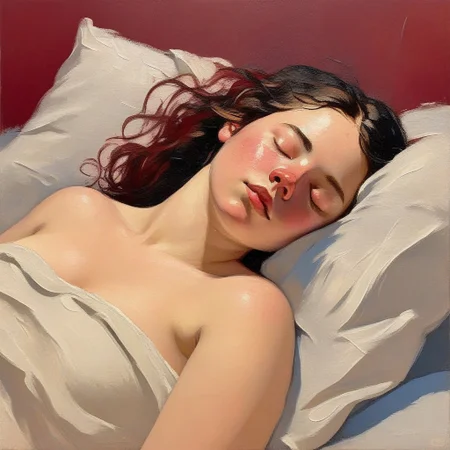 aaAR7ip, oil painting, impasto, canvas texture ,lying, sleep, 1girl, curvy, petite, 35 years old, closed eyes, perfectly formed face, blush, flushed chest with pale skin, sleep, on bed, solo, cozy afternoon, dappled sunlight, wind blown maroon and navy bed, bare shoulders, side boobs, small breast size, perfect nipples, very small asymmetrical breasts, dark hair, dark freckles on belly, dark pubic hair