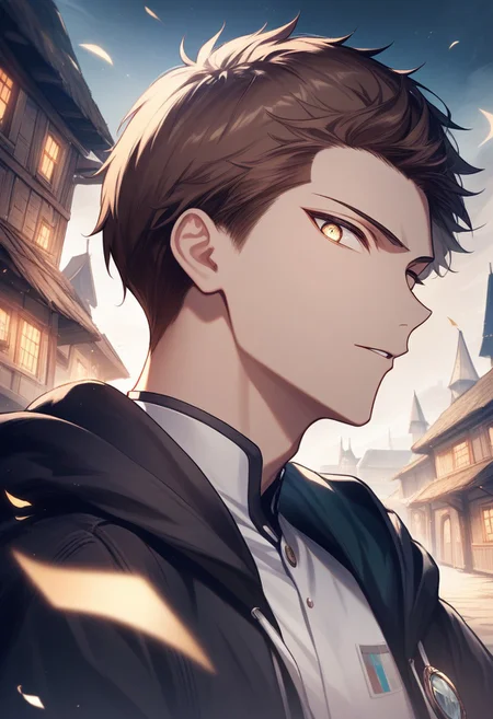 (best quality, masterpiece), 1 boy,18 years old, medieval village, dark mood, Arrogant,
brown hair, super short hair, no bangs, blue and white color student uniform
, looking at viewer, Unobtrusive golden eyes, Dull golden eyes,