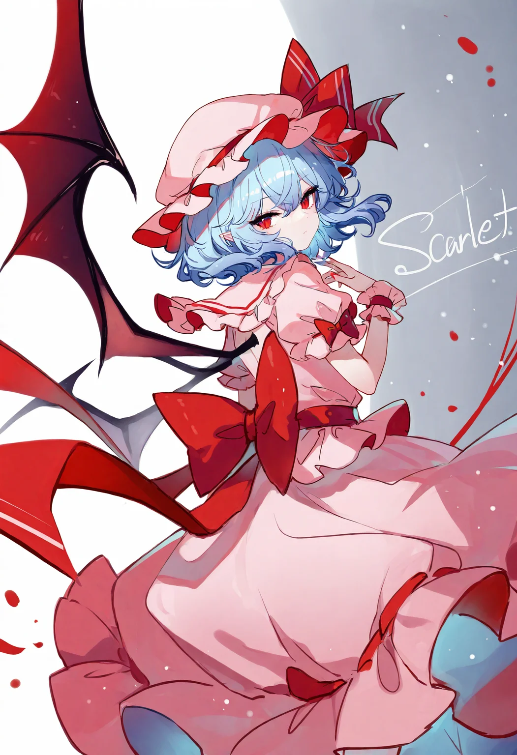 1girl, solo, wings, remilia scarlet, red eyes, hat, bat wings, short hair, looking back, wrist cuffs, blue hair, ribbon, dress, character name, hat ribbon, bow,
masterpiece,best quality,newest,absurdres,highres,very awa,<lora:sheya1_noob1.1-000198:0.8>,