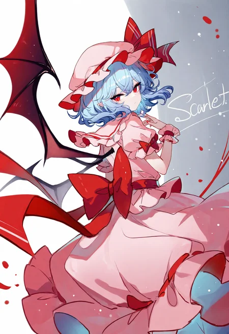 1girl, solo, wings, remilia scarlet, red eyes, hat, bat wings, short hair, looking back, wrist cuffs, blue hair, ribbon, dress, character name, hat ribbon, bow,
masterpiece,best quality,newest,absurdres,highres,very awa,<lora:sheya1_noob1.1-000198:0.8>,