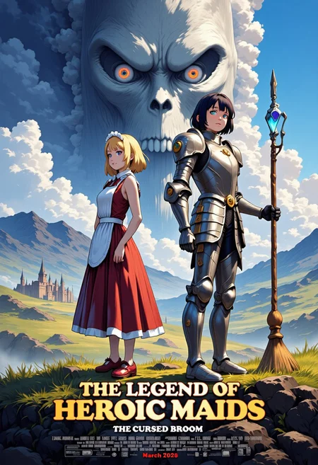 Concept:
A masterpiece high quality poster for an theatrical anime movie.
Style:
4k quality professional anime poster art with vivid vibrant colors, cel-shaded characters, perfect text title, mvpstrCE style, detail eyes, retro_anime.
Main Text:
The title of the movie is  ("THE LEGEND OF HEROIC MAIDS") written at the top in bold large fantasy font with golden trim, and an underline, there is a subtitle under it saying ("The Cursed Broom") in simple yellow fantasy font.
The Characters:
On the Right Side stands a regal blonde female knight in a fancy decorated full plate armor holding a metal broom with a blade at its tip, she is also wearing a long apron and frilly maid headdress on top of her armor, she is standing in sideview but looking at viewer, she has blue eyes.
On the Left Side stands a gorgeous brunette witch wearing a red frilly fancy sleeveless dress and she is holding a magical broom with blue magical crystal at its tip, she is wearing a fancy apron and frilly maid headdress on top of her dress, she is standing in sideview but looking at viewer, she has green eyes.
The Background: 
Vast grassy hills, mountains, epic castle in the distance, a silhouette of a giant evil broom towering over the landscape shrouded in mist infused with dark magic, majestic anime clouds frame scene.
Additional Text At Bottom of Poster:
At the bottom names of fake voice actors usually seen on anime posters, including a release date in ("March 2026") in a red font.