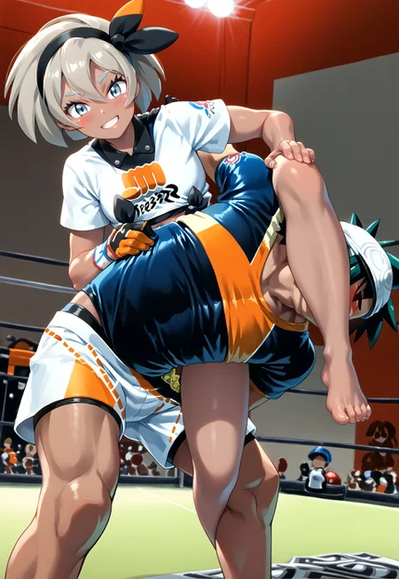score_9, score_8_up, score_7_up, good anatomy, source anime, great detail, good anatomy, ((no text)), wrestling, submission hold, octupus hold, octupus stretch, 1girl, 1boy, hetero, 1girl (pokemonbea, blue eyes, dark skin, dark-skinned female, grey hair, hair between eyes, short hair, ribbon, hair ribbon, hairband, black ribbon, black hairband,
bodysuit, covered navel, shorts, single glove, glove, crop top, white shirt, short sleeves, white shorts, leg over boy's head, siting on boy's back, submission hold, leg over boy's hed, leg hooked on his leg, leg wrapped around his leg, grabbing his arm, smile, feet, holding pokeball) , 1boy (ash ketchum, female leg over his head, arm trapped, dominated, grimacing, in pain, blush), ((femdom)), pokemon stadium, spotlight, 