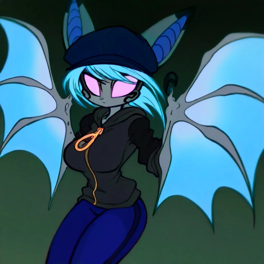 Vanth,1girl, solo, furry, gray fur, pink eyes, blue hair, black marks around eyes and the tips of her ears, single claw on each of her wings,
blue pants , dark-blue cap, wearing a black hoodie with a large ring on her zipper,