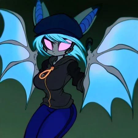 Vanth,1girl, solo, furry, gray fur, pink eyes, blue hair, black marks around eyes and the tips of her ears, single claw on each of her wings,
blue pants , dark-blue cap, wearing a black hoodie with a large ring on her zipper,