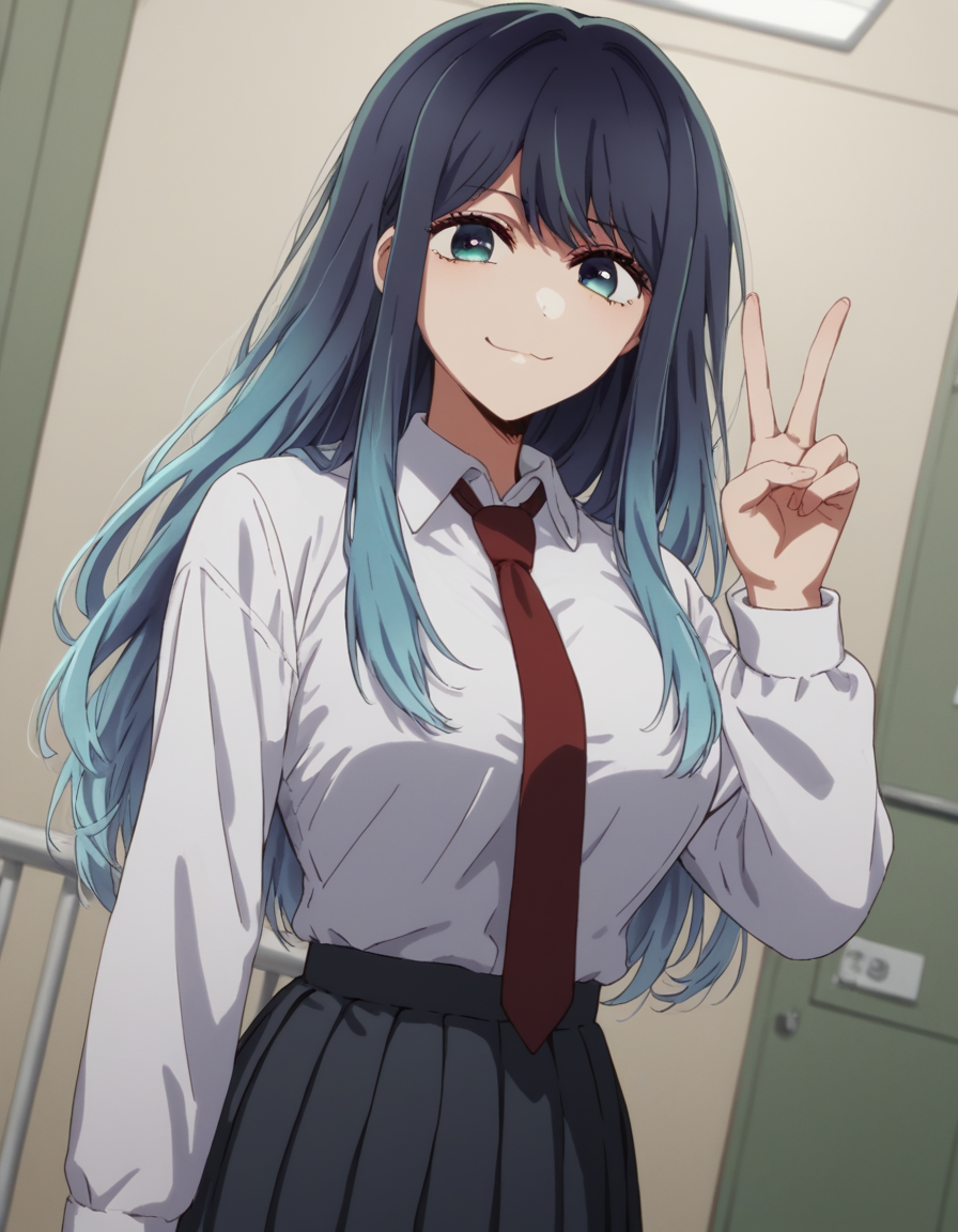 score_9, score_8_up, score_7_up, source_anime, <lora:akane-kurokawa-s2-ponyxl-lora-nochekaiser:1>, akane kurokawa, long hair, bangs, blue eyes, large breasts, black hair, blue hair, multicolored hair, gradient hair,, skirt, shirt, long sleeves, school uniform, white shirt, pleated skirt, necktie, collared shirt, black skirt, red necktie,, hospital room, bedside, get well flowers, comforting, quiet, smile, , v, v over mouth, smug,, solo,, cowboy shot, dutch angle,