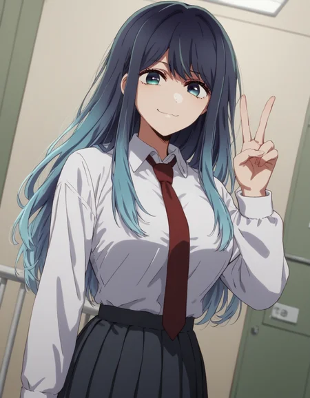 score_9, score_8_up, score_7_up, source_anime, <lora:akane-kurokawa-s2-ponyxl-lora-nochekaiser:1>, akane kurokawa, long hair, bangs, blue eyes, large breasts, black hair, blue hair, multicolored hair, gradient hair,, skirt, shirt, long sleeves, school uniform, white shirt, pleated skirt, necktie, collared shirt, black skirt, red necktie,, hospital room, bedside, get well flowers, comforting, quiet, smile, , v, v over mouth, smug,, solo,, cowboy shot, dutch angle,