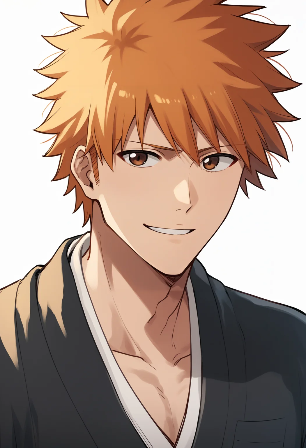 score_9, score_8_up, score_7_up, score_6_up, score_5_up, score_4_up, BREAK, source_anime,
1boy, ichigokurosaki, orange hair, short hair, spiked hair, brown eyes,
black hakama, black kimono, japanese clothes, long sleeves, wide sleeves,
hands behind back, smile, upper body, looking at viewer, solo, simple background, white background <lora:IchigoXL:1>