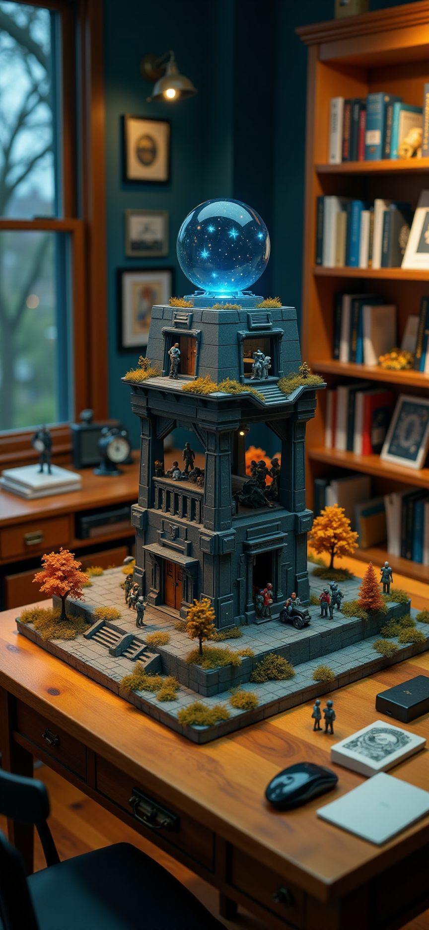 (indoors,indoor,isometric view,side view,tilt-shift lens:2), (fna_style,miniature,miniature,diorama,miniature,diorama,PVC,plastic:2),starry night,autumn giant (multi layers of gundam  maintenance bay  sphere vertical:2.5) is located center, people, (in wooden square plate:3) (on table at study:3) <lora:Fantasy_Novel_Art_Style:1> <lora:Rostpunk:0.3>