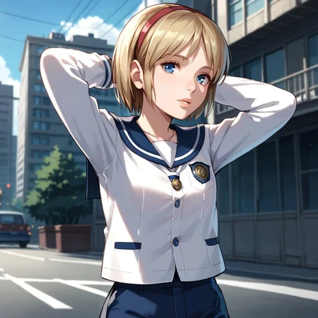 score_9, score_8_up, score_7_up, score_6_up, Sherry-Birkin, 1girl solo, short hair, blue eyes, blonde hair, post-apocalypse, urban background, city, upper body, school uniform, shorts, hairband, serafuku, sailor collar, necklace, lips, blue sailor collar, arms behind head, red hairband, fake screenshot, sensitive