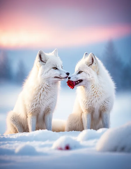 score_9, score_8_up, score_7_up, Two arctic foxes in a snowy landscape, one gifting the other a delicate rose with its mouth. The scene is bathed in the soft glow of the Northern Lights, snowflakes glistening around them. Ultra-realistic, ethereal lighting, soft fur texture, serene composition, National Geographic photography style, Ornate and Intricate, Two arctic foxes in a snowy landscape, one gifting the other a delicate rose with its mouth. The scene is bathed in the soft glow of the Northern Lights, snowflakes glistening around them. Ultra-realistic, ethereal lighting, soft fur texture, serene composition, National Geographic photography style, decorative, highly detailed, elaborate, ornate, intricate