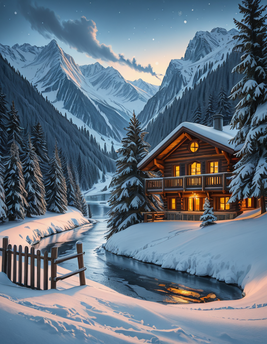 A stunning winter scene in the Tyrol region of Austria. A charming wooden chalet with traditional alpine architecture stands on a gentle snow-covered slope, surrounded by dense evergreen forests blanketed in fresh snow. The chaletâs warm interior lights glow softly through its large windows, creating a cozy contrast against the cool twilight hues of the sky. A plume of smoke drifts from the chimney, hinting at a roaring fireplace inside. In the foreground, a small wooden fence is partially buried under the snow, while a frozen river winds through the valley, reflecting the moonlight. Towering, snow-capped peaks of the Austrian Alps dominate the background, adding a breathtaking sense of grandeur. Snowflakes gently fall, adding movement and depth to the peaceful, picturesque scene. The image is hyper-realistic, capturing the intricate textures of the wood, snow, and ice, with cinematic lighting that highlights the magical winter ambiance.
<lora:SDXLFaeTastic2400:0.4> <lora:extremely_detailed:0.4> extremely detailed,winter scene in the Tyr0l, <lora:winter_scene_in_the_Tyr0l-i:1>, Masterpiece,best quality,hi res,8k,hi res,8k,award winning,(sharp focus, intricate, highly detailed),
