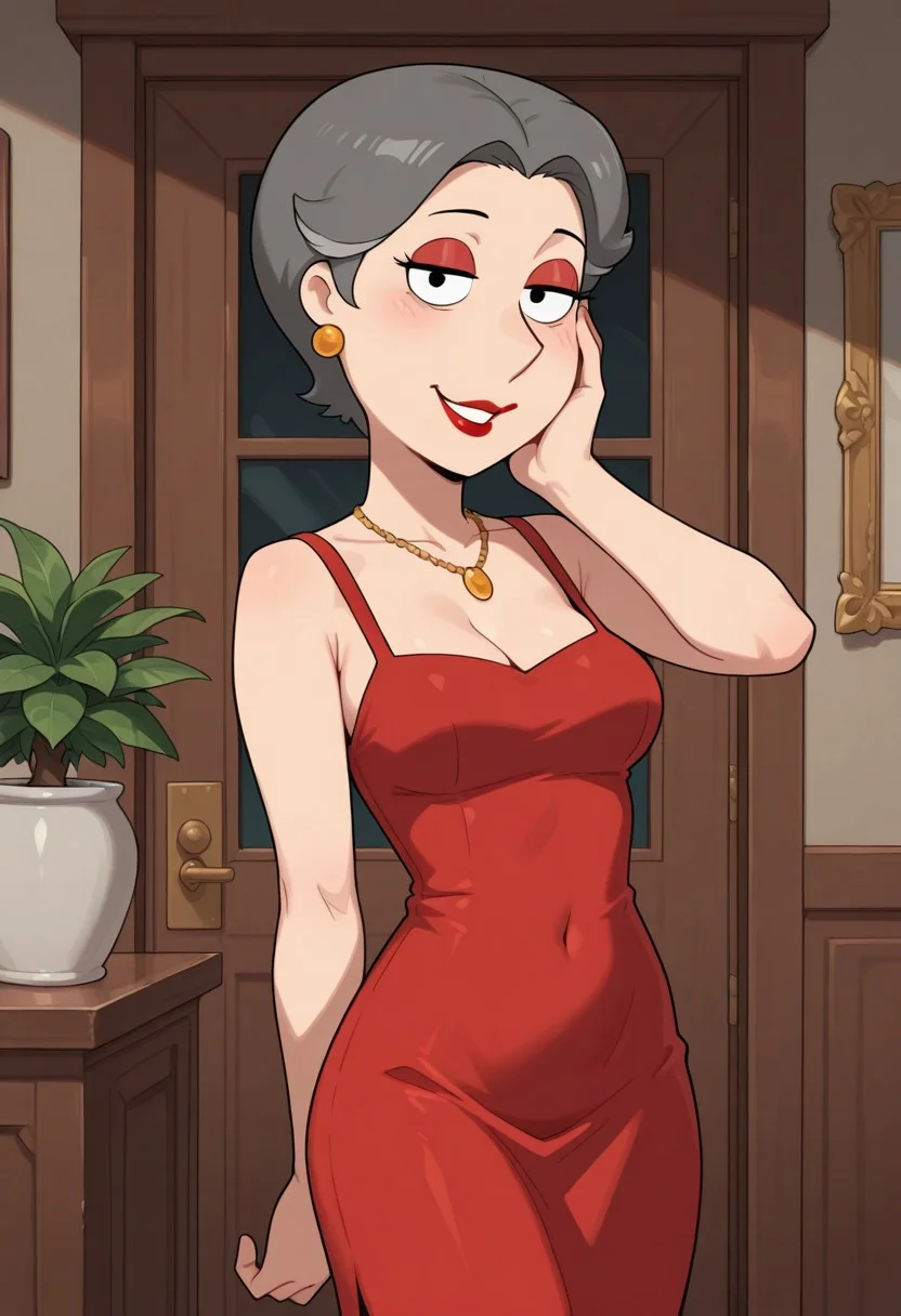 score_9,score_8_up,score_7_up,score_6_up,best quality,masterpiece, (background is manor), indoors, 1girl, solo, dynamic pose, potted plant,
BREAK
barbarapew, gilf, grey hair, streak in hair, black eyes, earrings, necklace, jewelry, makeup, red dress, lipstick, medium breasts, happy, (looking at viewer:1.2), hand on face, seductive,