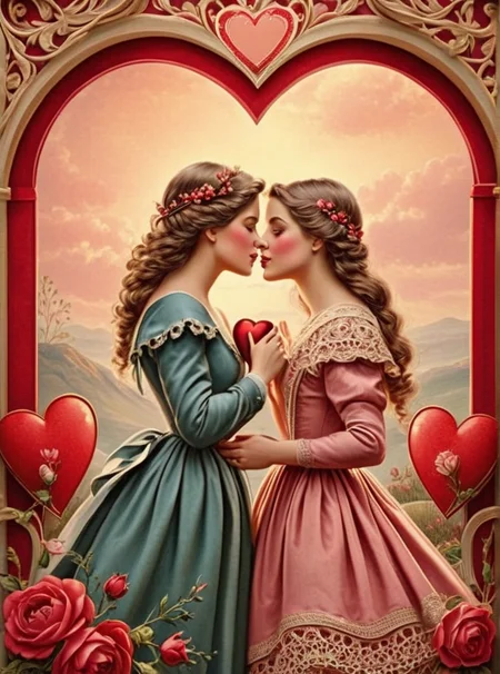 cinematic still 2girls, Romantic couple . emotional, harmonious, vignette, 4k epic detailed, shot on kodak, 35mm photo, sharp focus, high budget, cinemascope, moody, epic, gorgeous, film grain, grainy, a blonde girl is kissing a brunette girl inside a heart shaped vignette, roses, valentine, exquisite details, photoreal, perfect, 2girls, Romantic couple, cute, intricate, highly detailed, beautiful, dramatic, sharp focus, surreal, romantic, contemporary, elegant, epic, modern, inspired, pretty, open, elaborate, passionate, cinematic, color, amazing, expressive, creative, peaceful, marvelous, very inspirational, inspiring, vibrant, artistic, loving, wonderful, perfect, pure, rational
