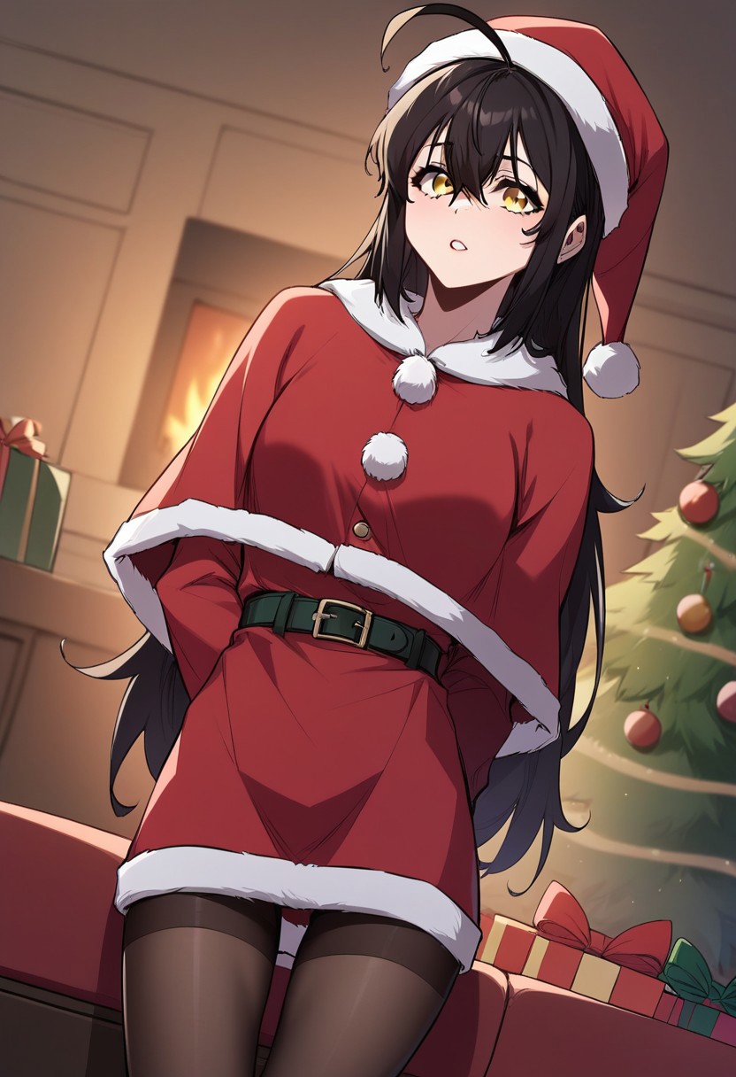score_9,score_8_up,score_7_up,score_6_up,blurry, blurry background,11girl,wi seolah christmas,solo,long hair,black hair,hair between eyes,ahoge,yellow eyes,santa costume,christmas,red headwear,santa hat,santa dress,boots,fur trim,pantyhose,black footwear,posing,volumetric light,indoors,living room,cowboy shot, dutch angle