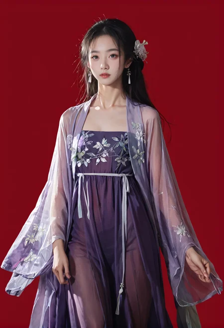 red background,,ruanyi0752,hanfu,purple dress,see-through,wide sleeves,cowboy shot,<lora:0752 Wisteria butterfly hanfu_v1_pony:1>, score_9,score_8_up,score_7_up,,8k,1girl,solo,