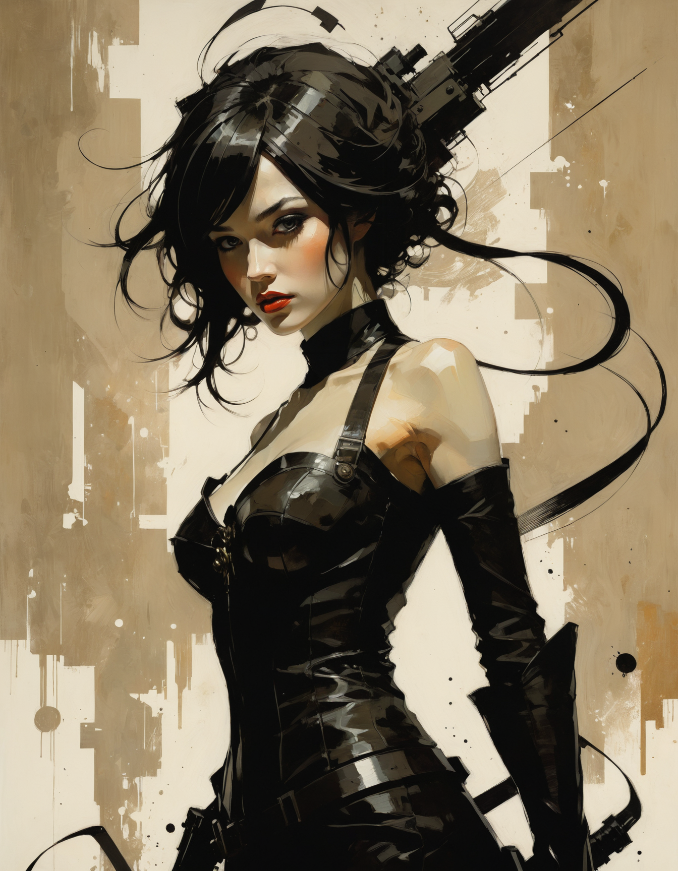 by Ashley Wood and Abigail Larson,  (perfect , gorgeous , masterful:1.4), poster art, bold lines, hyper detailed, expressive,  award winning,  (movie still:1.4), (intricate details, masterpiece, best quality:1.4),
underlighting , looking at viewer, dynamic pose, wide angle view,
<lora:add-detail-xl:1> <lora:xl_more_art-full_v1:0.5> <lora:looking_at_viewer:2>