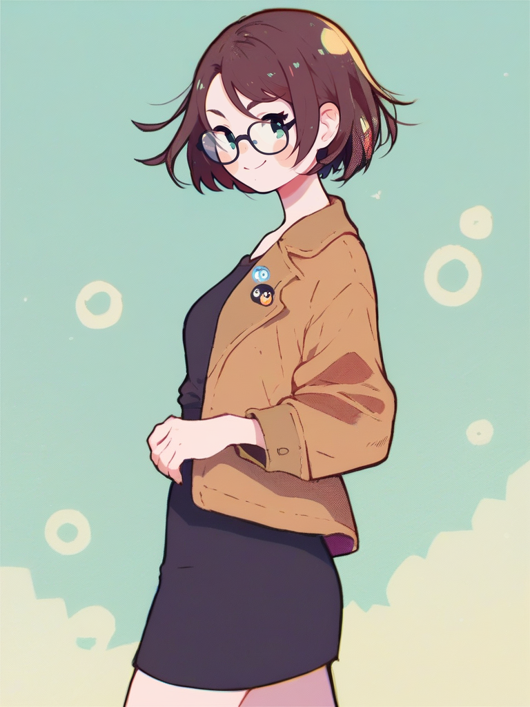 score_9, score_8_up, score_7_up, cute girl, glasses, bob cut, brown jacket, black skirt, serious, from side, looking at viewer, cowboy shot, full body, smile, cute, solo, dutch angle, detailed background, 
 <lora:ANemupan_style:1>, Nemupan, flat color,