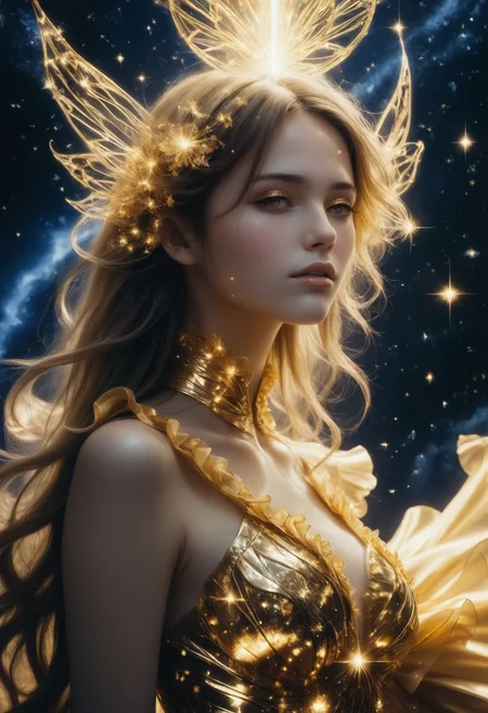 from above, side view, close up, anime style, 2d,1woman in a golden ruffled dress, stardusted melt, starHC, Haute Couture fashion style, stardust hair accessoire <lora:starHC-000003:0.9>