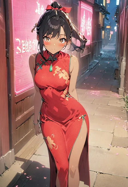 gorgeous lips, cinematic, (masterpiece), (best quality), (ultra-detailed), very aesthetic, illustration, perfect composition, intricate details, absurdres, detailed face, (anime, masterpiece, intricate:1.3), (best quality, hires textures, high detail:1.2)from the front, outdoors, full body shot
BREAK, a anime girl with very long black hair, straight hair styled in a high ponytail,Hong Kong style city, 1girl, solo, side swept bangs, medium breasts, long hair, black hair, looking at up, walking, sleeveless black long flowing silk cheongsam, high slit, toned legs, legs crossed, XCYP Cheongsam beauties, necklace, hair ribbon, black back head hair bow, smiling, hair blowing in the wind, cheongsam blowing in the wind, blush,black heels , collarbone, brown eyes, perfect eyes, pink petals blowing in the wind, night time,looking at viewer, neon lighting, neon lighting, dolly shot, seductive mood, pursed lips, leaning against a sportsbike motorcycle