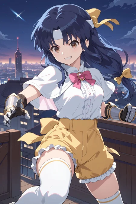 score_9, score_8_up, score_7_up, source_anime, 8k hd, uncesored, 1girl, tendou, long hair, blue hair, brown eyes, low-tied long hair, confident, grin, (white top:1.2), short sleeves, frilled shorts, yellow shorts, huge gauntlets, white headband, chest bow, back bow, yellow bow, ribbon, large bow, fighting pose, pink brooch, thighhighs, outdoors, flying, night sky, cityscape, capelet,
<lora:Ranma_AkaneTendou_SFWSenpai:0.8>