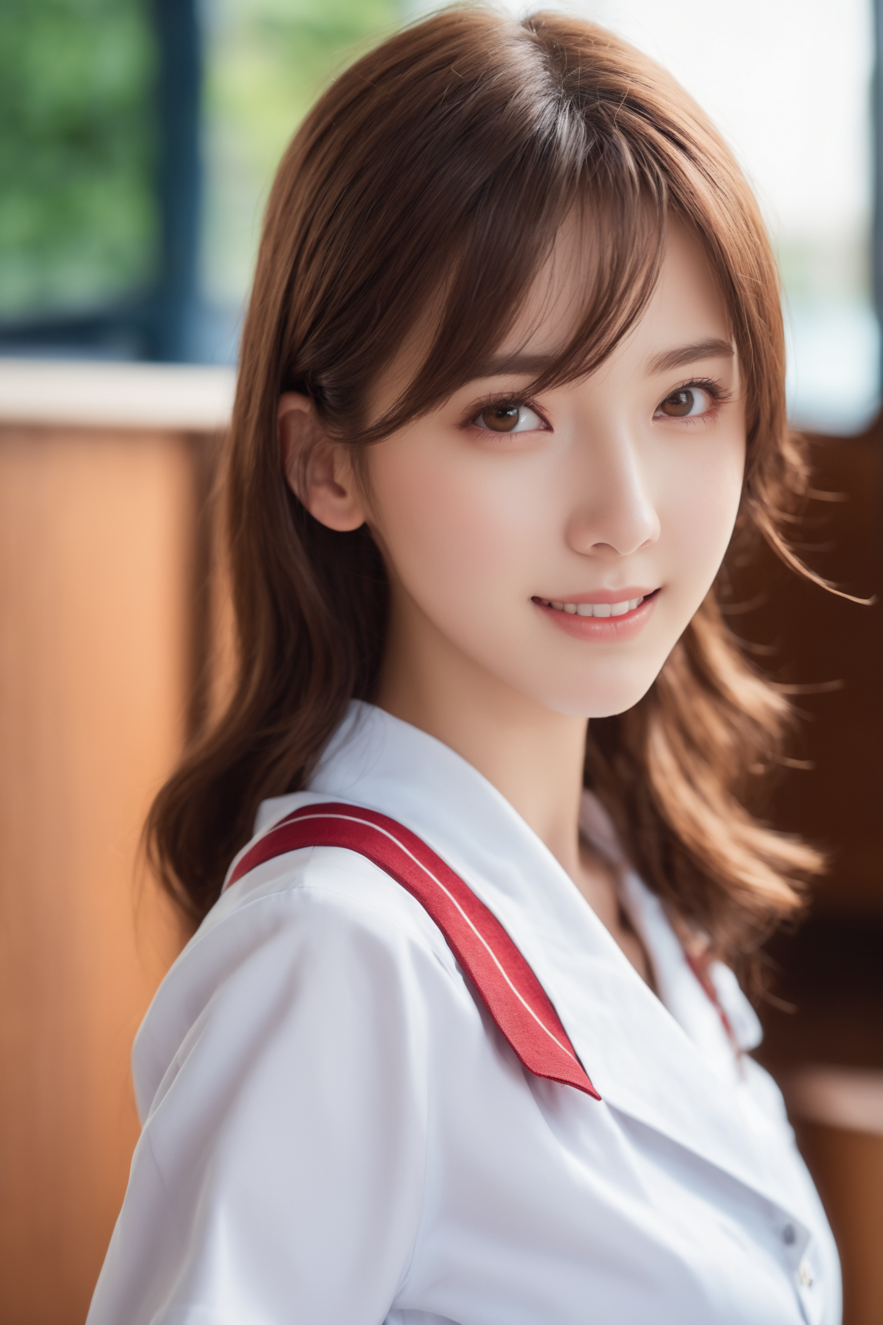 High detail RAW color sensual photo of 18 yeays old girl japan student uniform with perfect face and perfect bright eyes, pale skin and freckles,  perfect face,  
(detailed facial features),
(((Japanese high-school uniform ))),
 brown eyes, blush, brown hair,  long hair, looking at viewer, medium breasts,  school background, smile, solo, tongue, tongue out, underboob,  incredibly absurdres, best quality,
<lora:PrgXL_V1:0.45>
