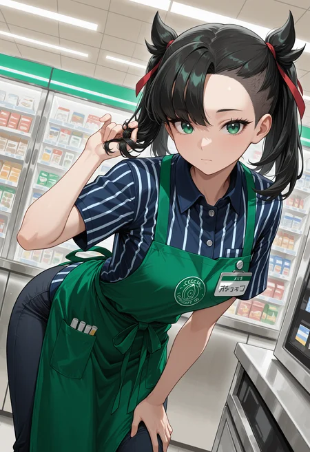 masterpiece, best quality, highres, absurdres, very awa, 1girl, solo, m4rn1edef, medium hair, black hair, asymmetrical bangs, twintails, undercut, cashier, employee uniform, short sleeves, green apron, indoors, convenience store, shop, from side, leaning forward, hand on own thigh, dutch angle, green eyes, eyelashes, hair ribbon, red ribbon, pants, breast pocket, name tag, looking at viewer, playing with own hair, hand up, twirling hair, closed mouth