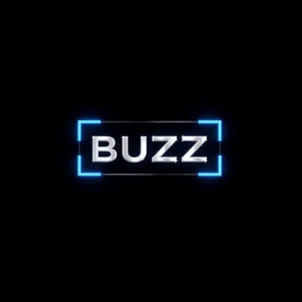 thx logo. The bold, metallic letters "BUZZ" are displayed in the center of a black background. with “REQUEST FOR” above the logo. with subtle lighting effects, and blue rectangular lines around the logo