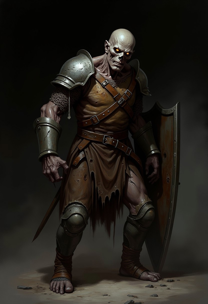 The image depicts a haunting undead warrior with a decayed and zombie appearance. The creature's skin is dark and shriveled, tightly clinging to its bones, giving it a ghastly, emaciated look. Its eyes glow with an eerie orange light, adding to its menacing and supernatural presence. The expression on its face is hollow and devoid of life, with a sunken mouth and skull-like features.
The undead soldier is dressed in worn, rusted armor, with chainmail covering its arms and a leather vest strapped over its chest. The armor looks old and battered, clearly aged and damaged from years of wear and exposure. A dented metal helmet sits atop its head, adding to its militaristic yet ruined appearance. In one hand, it grips a shield, and in the other, a weapon, although partially obscured, likely a sword.
One foot is booted while the other is bare, emphasizing the disarray and ruin of its appearance. This undead warrior exudes an aura of death and despair, a relentless soldier doomed to roam in a state of eternal unrest. Set against a dark, empty background, the creature emanates an eerie, cursed presence, evoking both pity and dread.