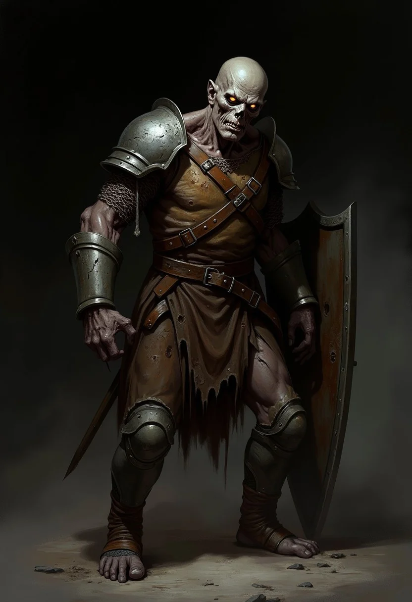 The image depicts a haunting undead warrior with a decayed and zombie appearance. The creature's skin is dark and shriveled, tightly clinging to its bones, giving it a ghastly, emaciated look. Its eyes glow with an eerie orange light, adding to its menacing and supernatural presence. The expression on its face is hollow and devoid of life, with a sunken mouth and skull-like features.
The undead soldier is dressed in worn, rusted armor, with chainmail covering its arms and a leather vest strapped over its chest. The armor looks old and battered, clearly aged and damaged from years of wear and exposure. A dented metal helmet sits atop its head, adding to its militaristic yet ruined appearance. In one hand, it grips a shield, and in the other, a weapon, although partially obscured, likely a sword.
One foot is booted while the other is bare, emphasizing the disarray and ruin of its appearance. This undead warrior exudes an aura of death and despair, a relentless soldier doomed to roam in a state of eternal unrest. Set against a dark, empty background, the creature emanates an eerie, cursed presence, evoking both pity and dread.