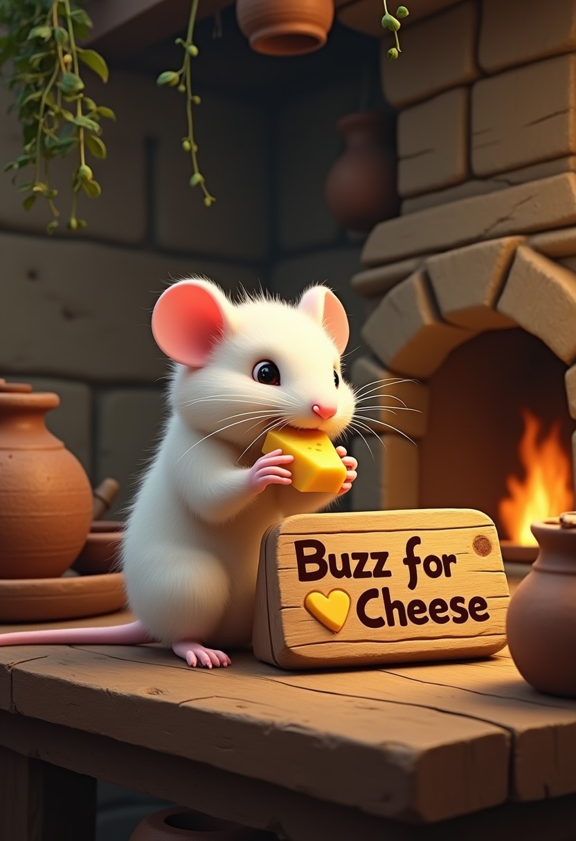 Depict a cute, fluffy white rat nibbling on a piece of cheese in a cozy, medieval European kitchen. The rat’s fur is soft and clean, and it’s sitting on an old wooden table cluttered with rustic kitchenware—clay pots, wooden bowls, and herbs hanging from the ceiling. Beside the rat, a wooden board prominently displays the words 'Buzz for Cheese" carved into it, The wooden board should also have a "⚡" emoji carved on it. catching the warm, golden light from a nearby candle. The kitchen has a rustic, homely feel, with stone walls, wooden beams, and a small fire burning in the hearth in the background. The overall atmosphere is warm, inviting, and charming, with the rat’s cute, fluffy presence being the focal point of the scene.