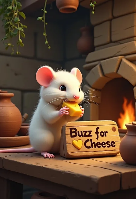 Depict a cute, fluffy white rat nibbling on a piece of cheese in a cozy, medieval European kitchen. The rat’s fur is soft and clean, and it’s sitting on an old wooden table cluttered with rustic kitchenware—clay pots, wooden bowls, and herbs hanging from the ceiling. Beside the rat, a wooden board prominently displays the words 'Buzz for Cheese" carved into it, The wooden board should also have a "⚡" emoji carved on it. catching the warm, golden light from a nearby candle. The kitchen has a rustic, homely feel, with stone walls, wooden beams, and a small fire burning in the hearth in the background. The overall atmosphere is warm, inviting, and charming, with the rat’s cute, fluffy presence being the focal point of the scene.