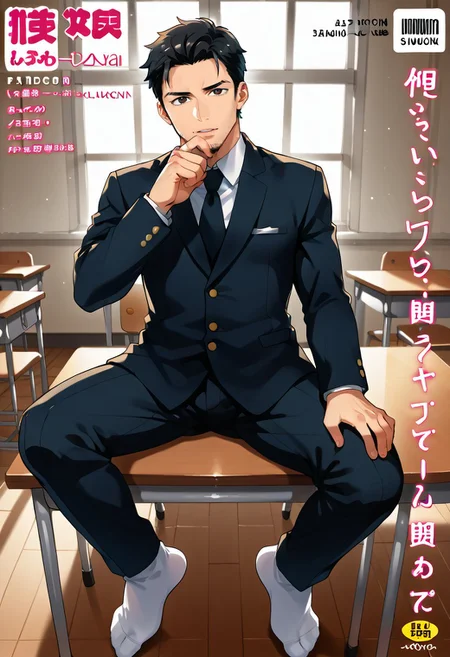 safe_pos, (Aaaild, Aaadjd, manga cover, magazine cover, text) source_anime, safe_pos, perfect anatomy, perfect proportions, best quality, masterpiece, high_resolution, high quality, solo focus, male focus, male only, bara, gay, homo, mature, masculine, manly, virile, macho, hunky, rugged, middle-age, daddy, dilf, handsome, alluring, seductive, heroic, serious, grim, stern, unsociability, bluntness, gruffness, naughty face, moaning, dazed, looking away, focusing gaze, BREAK (asian man, dark eyes, black hair, sideburns, facial hair, stubble, beard), BREAK (male school uniform, gakuran, black gakuran jacket, closed jacket, black pants, white socks), BREAK sitting on desk, lying on back, relaxed pose, leaning slightly, one knee bent upward, legs spread, hand adjusting necktie, contemplative expression, horny, kinky, domination, heavy breathing, enticed, excessively sweaty shiny skin, shading, countershading, indoors, classroom, 