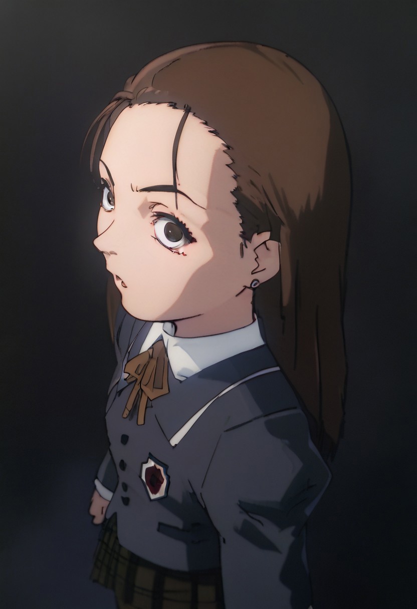 score_9, score_8_up, score_7_up, score_6, source_anime, iwakura mika, ((school uniform)), complete darkness, completely dark, pitch black, full obscurity, no light, dark night, chibi, from above side view, looking at viewer, surprised, black background