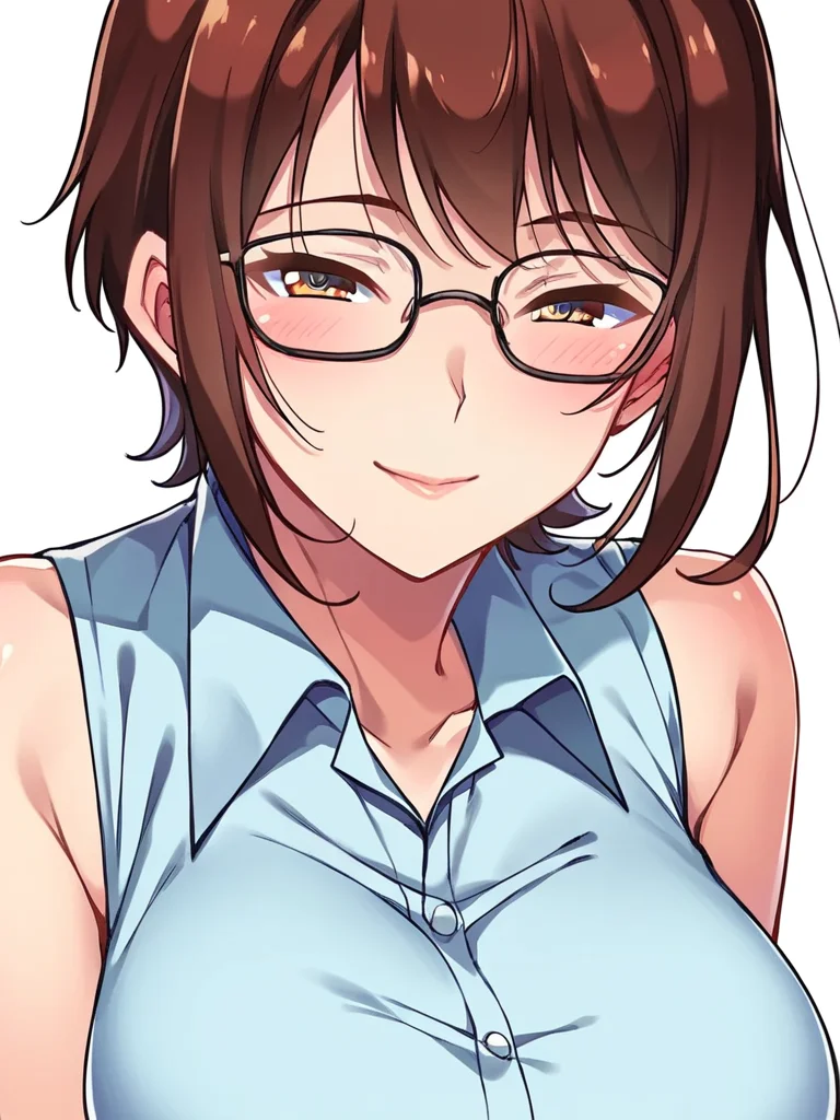 score_9, score_8_up, score_7_up,  
1girl, narusawa ayumi, mature female, short hair, brown hair, brown eyes, large breasts, glasses,

white background, face, smile, narrowed eyes, blush, blue shirt, collared shirt, sleeveless, bare shoulders, looking at viewer, 