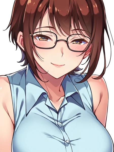 score_9, score_8_up, score_7_up,
1girl, narusawa ayumi, mature female, short hair, brown hair, brown eyes, large breasts, glasses,
white background, face, smile, narrowed eyes, blush, blue shirt, collared shirt, sleeveless, bare shoulders, looking at viewer,