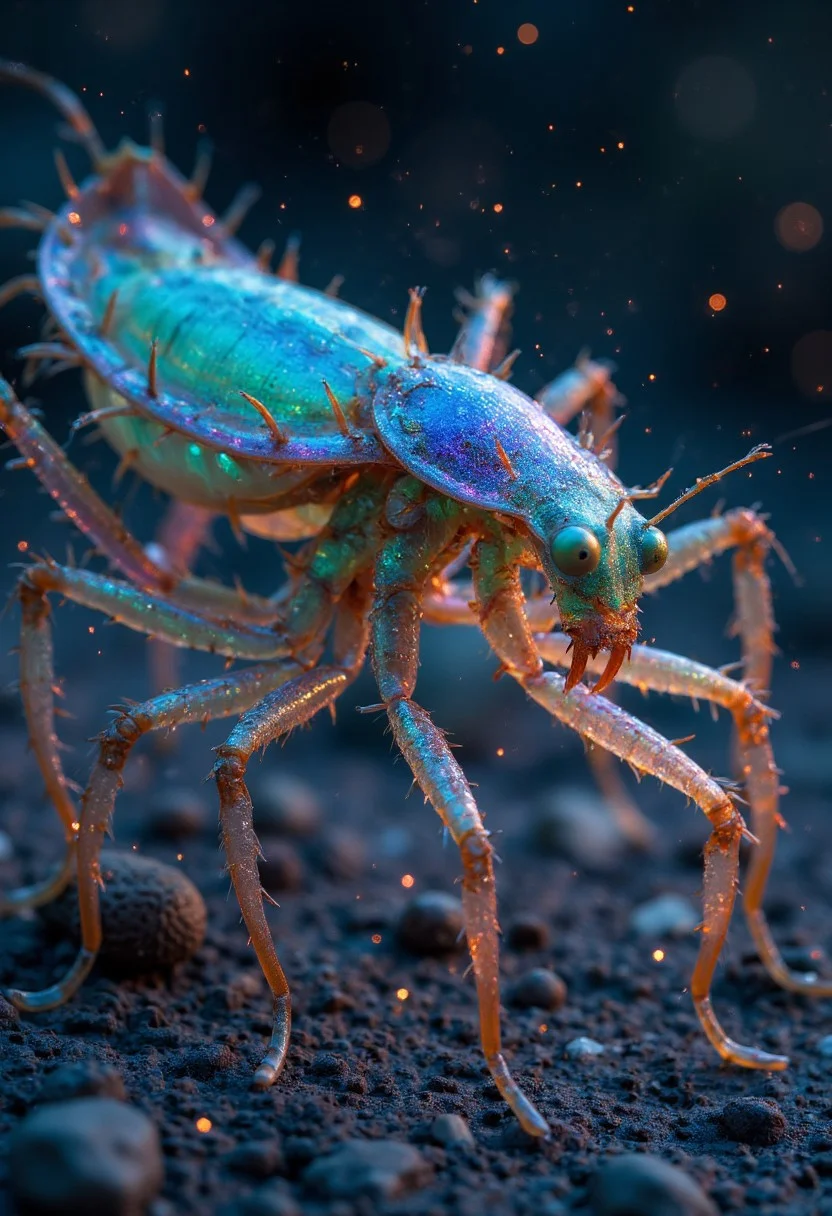 A stunning image of an exotic alien praying mantis, capturing every intricate detail with crystal clarity. The mantis has a large, vibrant turquoise exoskeleton, with bioluminescent red veins running through its limbs, creating a mesmerizing contrast. Its elongated body is sleek and predatory, with glowing purple veins pulsing under its translucent shell. The creature’s forelegs are poised in a powerful stance, ready to strike, with sharp, spiked appendages glinting in the alien sunlight. Faint, glowing specks of dust float around the mantis, adding an ethereal glow to the scene. The overall image feels alive with color, light, and texture, showcasing the extraordinary beauty of this alien predator in a cinematic, photorealistic style.
Cinematic style, Realism, Photorealism, High quality, analog photo, Midjourney_Whisper, Bioluminescent