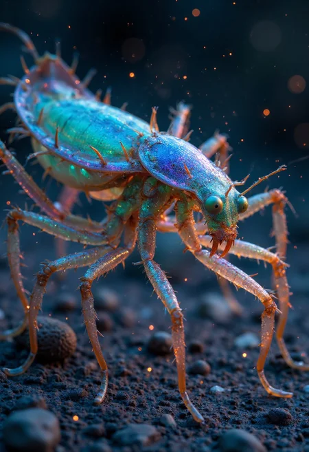A stunning image of an exotic alien praying mantis, capturing every intricate detail with crystal clarity. The mantis has a large, vibrant turquoise exoskeleton, with bioluminescent red veins running through its limbs, creating a mesmerizing contrast. Its elongated body is sleek and predatory, with glowing purple veins pulsing under its translucent shell. The creature’s forelegs are poised in a powerful stance, ready to strike, with sharp, spiked appendages glinting in the alien sunlight. Faint, glowing specks of dust float around the mantis, adding an ethereal glow to the scene. The overall image feels alive with color, light, and texture, showcasing the extraordinary beauty of this alien predator in a cinematic, photorealistic style.
Cinematic style, Realism, Photorealism, High quality, analog photo, Midjourney_Whisper, Bioluminescent