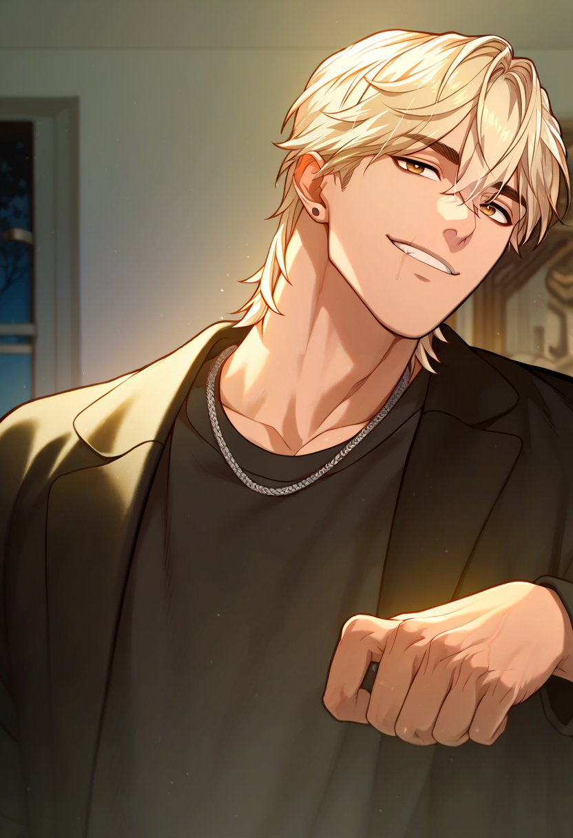1boy, male focus, solo,
<lora:Character - Questism - JaehaHanPony-40:1> jaehahan, blonde hair, brown eyes, necklace, stud earrings, 
,((zPDXL)), score_9_up, score_8_up, score_7_up, score_6_up, score_5_up, score_4_up, best quality, amazing quality, best aesthetic, amazing aesthetic, absurdres, year2023, uncensored, very nsfw, official art, official style, depth of field, detailed eye,
night, indoors, black shirt, jacket, ruins, smirk, 
<lora:Style - Expressive_H-000001:1> expressiveh