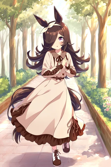 masterpiece,best quality,very aesthetic,absurdres,highres,newest,official art,official style,
1girl,solo,
rcs casual,rice shower (umamusume),
animal ears,bangs,blush,bow,brown dress,brown hair,brown ribbon,
casual,collared dress,dress,eyebrows visible through hair,frilled dress,
frills,hair bow,hair over one eye,hair ribbon,hairband,horse ears,horse girl,horse tail,
long hair,long sleeves,puffy long sleeves,puffy sleeves,ribbon,tail,violet eyes,white hairband,
standing,full body,
<lora:umamusume_rice_shower_ill_v1.0:1>,