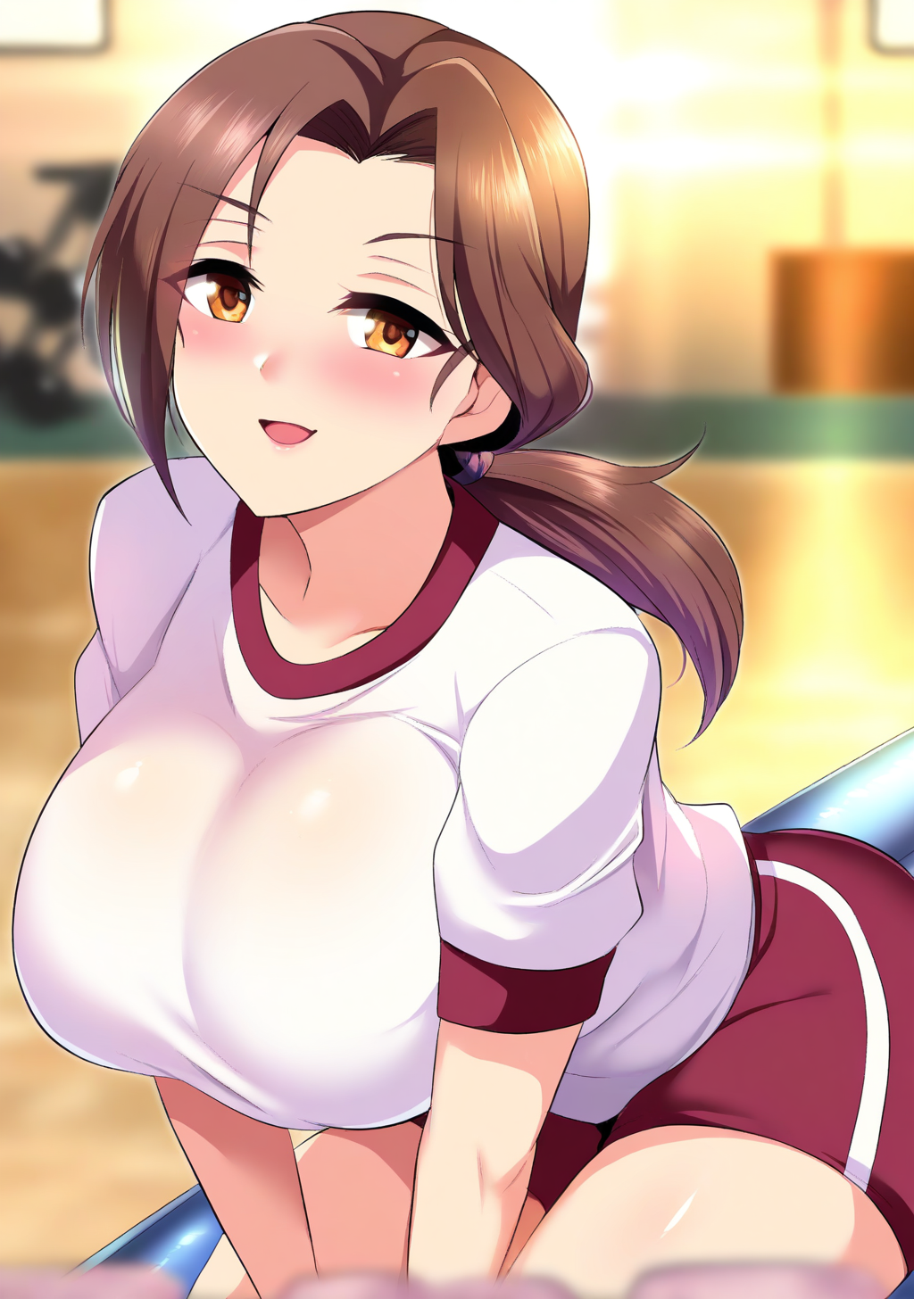 masterpiece, best quality, absurdres, perfect lighting,shiny skin,<lora:nishida_megane:0.7>,nishida megane,1girl,huge breasts,kawashima mizuki,brown hair,long hair, parted bangs,low ponytail, <lora:kawashima_mizuki:1>,brown eyes,tareme,gym uniform,shorts,gym,air mattress,depth of field,all fours,wink,looking at viewer,