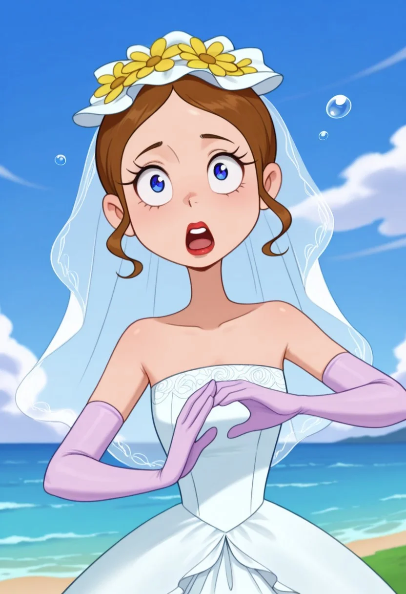 detailed background, solo, 1girl, FtpdMermaid, human, red lipstick, brown hair let down, blue and white wedding dress, white bridal veil, purple gloves, yellow flower on veil, holding Bucay of roses, overjoyed, (((expressive))), head movement, solo, ((body movement, hand movement)), wedding, wedding scenery, outdoors, on hill, ocean in background, beautiful sky, scenery, bubbles, detailed scenery, masterpiece, best quality, amazing quality, absurdres, newest, high res, ultra detailed, best quality, best artwork, detailed eyes, (eyes focus), perfect eyes, big iris, pupils visible, 4k, ultra quality, perfect face