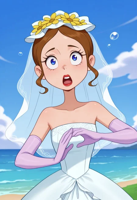 detailed background, solo, 1girl, FtpdMermaid, human, red lipstick, brown hair let down, blue and white wedding dress, white bridal veil, purple gloves, yellow flower on veil, holding Bucay of roses, overjoyed, (((expressive))), head movement, solo, ((body movement, hand movement)), wedding, wedding scenery, outdoors, on hill, ocean in background, beautiful sky, scenery, bubbles, detailed scenery, masterpiece, best quality, amazing quality, absurdres, newest, high res, ultra detailed, best quality, best artwork, detailed eyes, (eyes focus), perfect eyes, big iris, pupils visible, 4k, ultra quality, perfect face