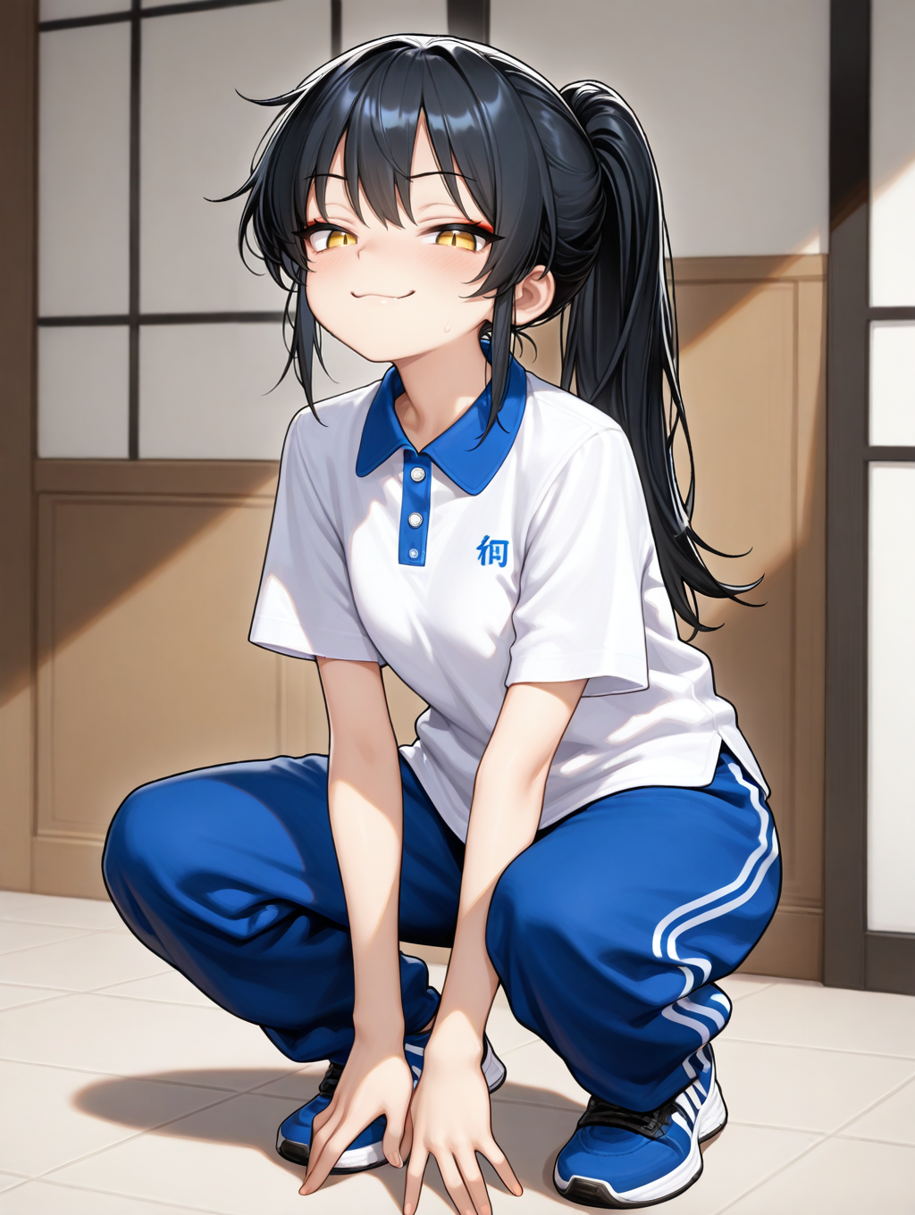 1girl,solo,(full body:1.3),<lora:xiaofu:1>,naughty_face,smug,looking_at_viewer,blue pants,white shirt,blue xiaofu pants,collared xiaofu shirt,blue xiaofu shorts,, masterpiece,best quality,amazing quality,