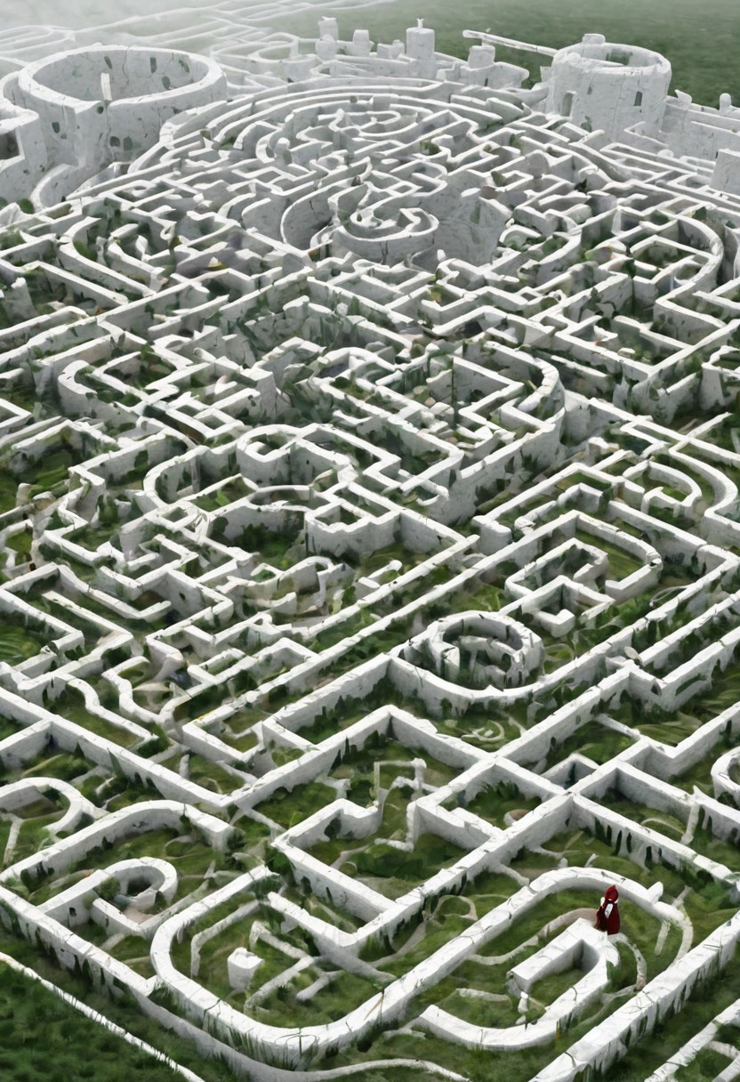 castle , A traveler contemplates a gigantic labyrinth made up of dozens of white, grass, medical towers.