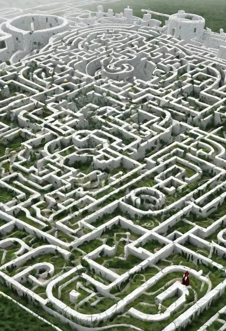 castle , A traveler contemplates a gigantic labyrinth made up of dozens of white, grass, medical towers.