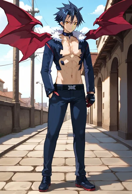 ((masterpiece)), ((best quality)), ((ultra-detailed)), ((absurdres)), score_9_up, score_8_up, score_7_up,
HD, top quality, best quality, amazing quality, High-quality illustrations, anime screencap, source_anime, best aesthetic, perfect proportions, perfect eyes, 1boy, 1male, solo boy, solo male, male focus, solo male focus, Anime, boy, male anime character, anime boy, handsome, attractive, cute, charming, sexy, hot, ((tall, tall height, tall body)), ((slim body, slim body)), Killia, dark blue hair, golden eyes, black eye marks under eyes, pointed ears, long sleeve blue jacket, white puffed collar, neck choker, red-pink accents, blue and red-pink wings, black gloves, red-pink claws, dark marks on chest and upper abdomen, belt, dark blue pants, dark blue shoes, full body shot, head to feet shot, front shot, view from front, front view