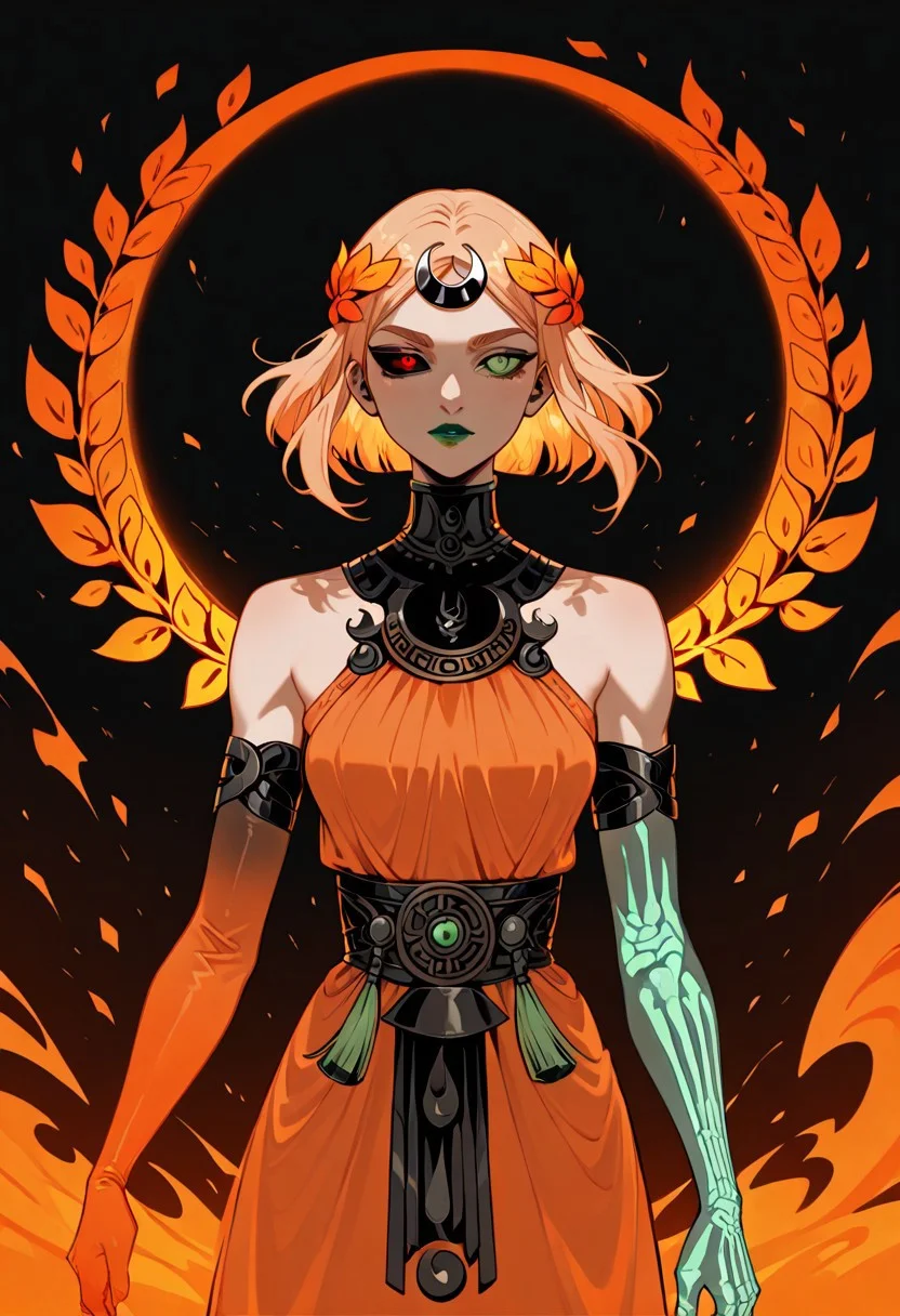 masterpiece, best quality, newest, absurdres, highres, AGPV1.1, black background, orange theme,
1girl, melinoeehades-IL.V1.0, melinoe, green lips, hair ornament, laurel crown, heterochromia, green eyes, red eyes, mismatched sclera, black sclera,single elbow glove, skeletal arm